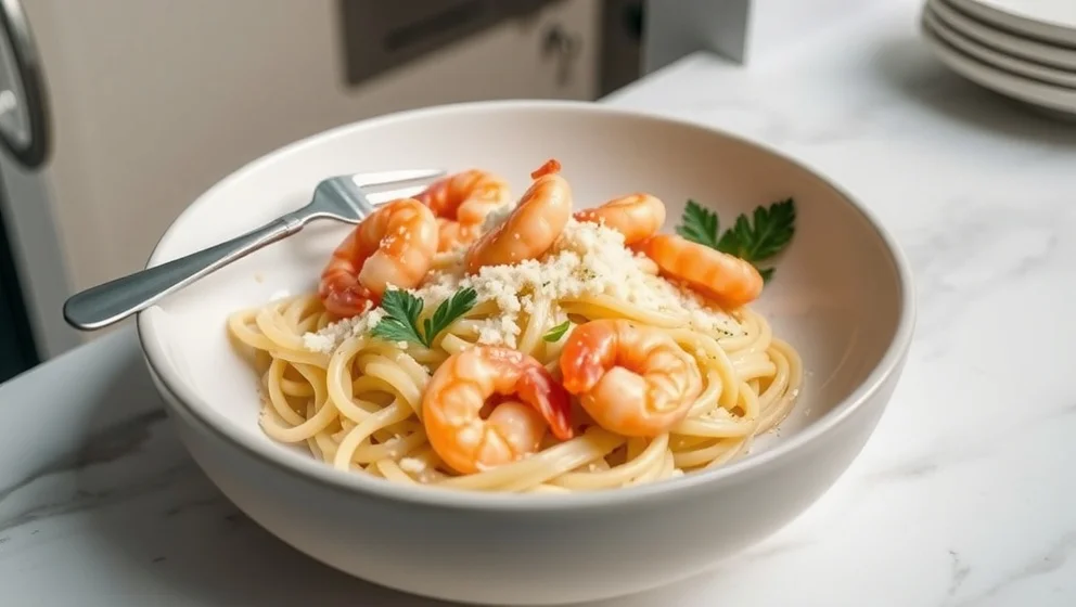Krämig pasta med räkor och parmesan